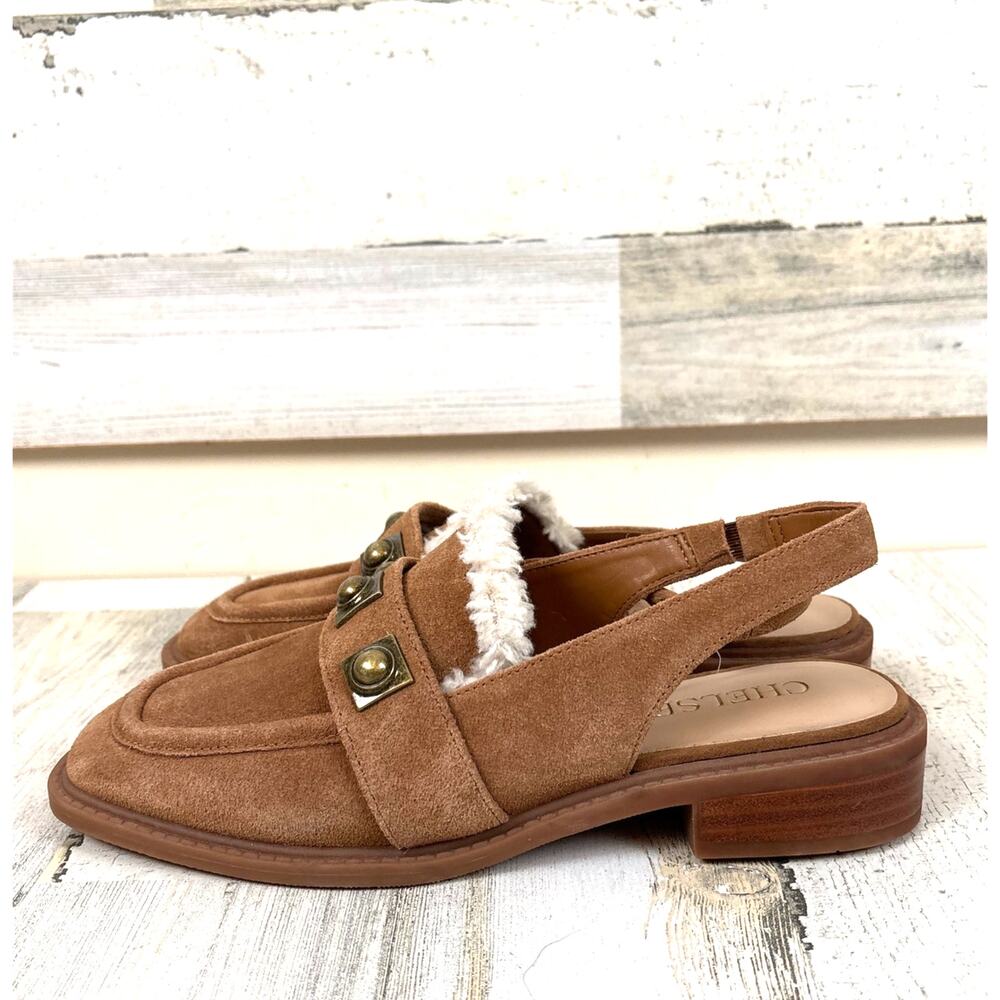 Chelsea & Violet Womens 7.5 Lundin Tan Suede Faux Fur Slingback Flats NEW